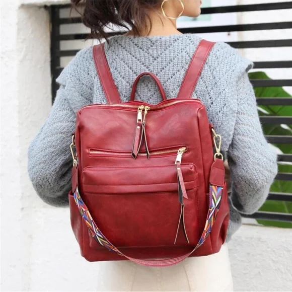 Red vegan leather zipper detail mini backpacks Gap Red Faux Leather Adjustable Straps Zipper Mini Backpack  main image 2